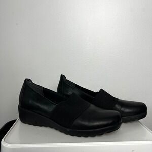 Remonte Black Leather Elastic Band Slip On Wedge Flats Shoes Womens 37 EU